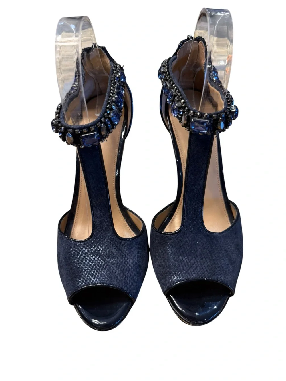 ANTONIO MELANI Navy Blue T-Strap Jeweled 4”  Heels Womens Size 8 Leather Sole